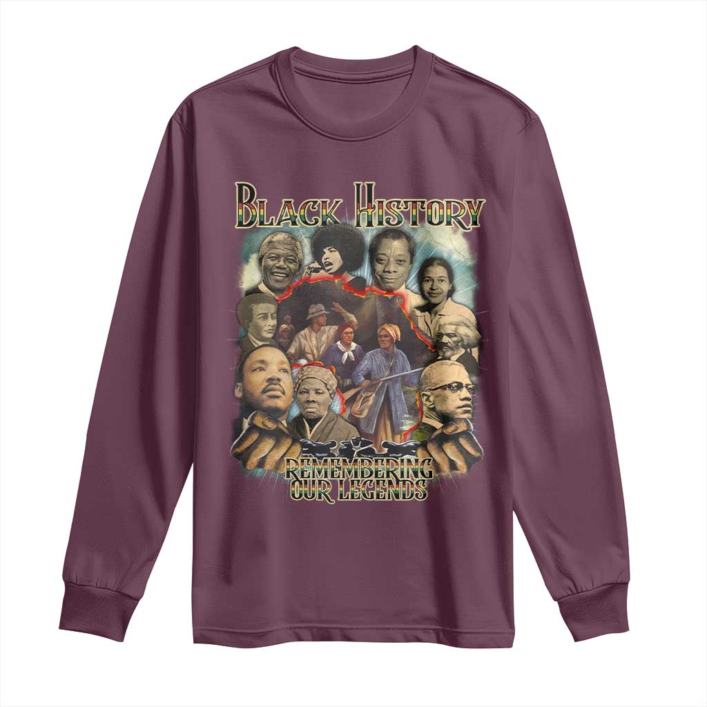 Maroon long-sleeve T-shirt with 'Black History' and 'Remembering Our Legends' graphic