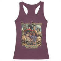 Maroon racerback tank top with front graphic reading Black History