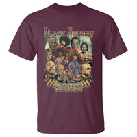 Black history graphic T-shirt, maroon base, front portraits with “Remembering Our Legends” text.