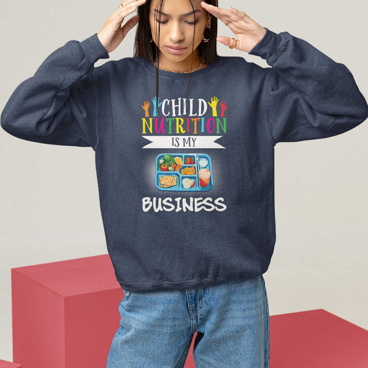 Kids sweatshirt, dark gray, crew neck, "Child Nutrition Is My Business" front graphic.