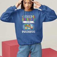 Kids sweatshirt, royal blue, crew neck, "Child Nutrition Is My Business" front graphic.