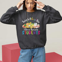 Dark chocolate lunch lady sweatshirt with colorful “Students” graphic and crew neckline