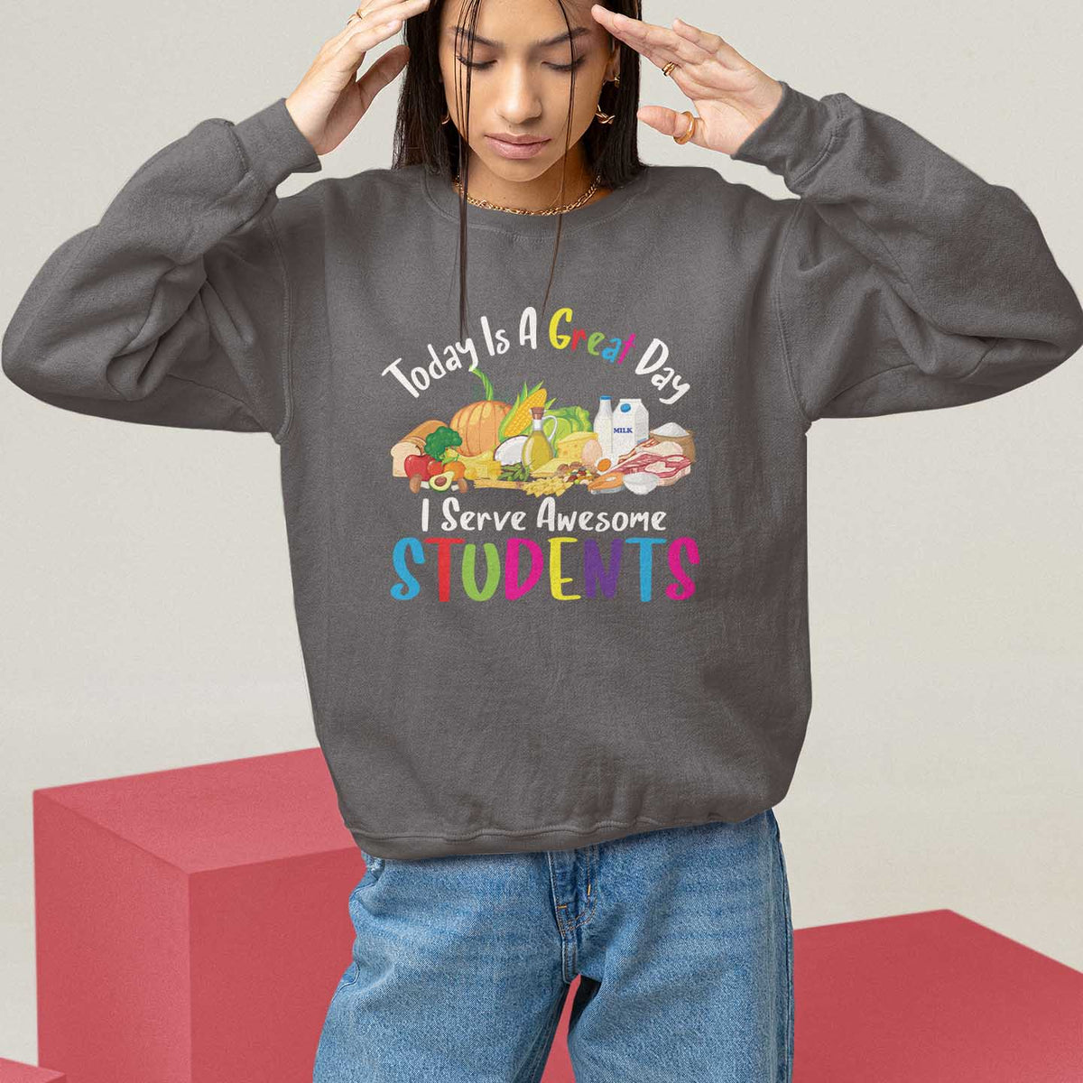Black lunch lady sweatshirt with colorful “Students” graphic and crew neckline