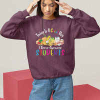 Purple lunch lady sweatshirt with colorful “Students” graphic and crew neckline