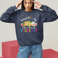 Navy lunch lady sweatshirt with colorful “Students” graphic and crew neckline