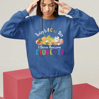 Royal blue lunch lady sweatshirt with colorful “Students” graphic and crew neckline