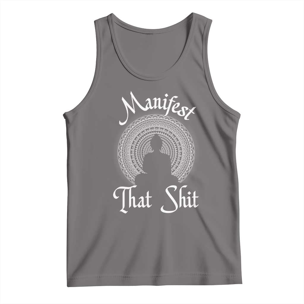 Dark gray graphic tank top with Manifests That Shit print, scoop neck