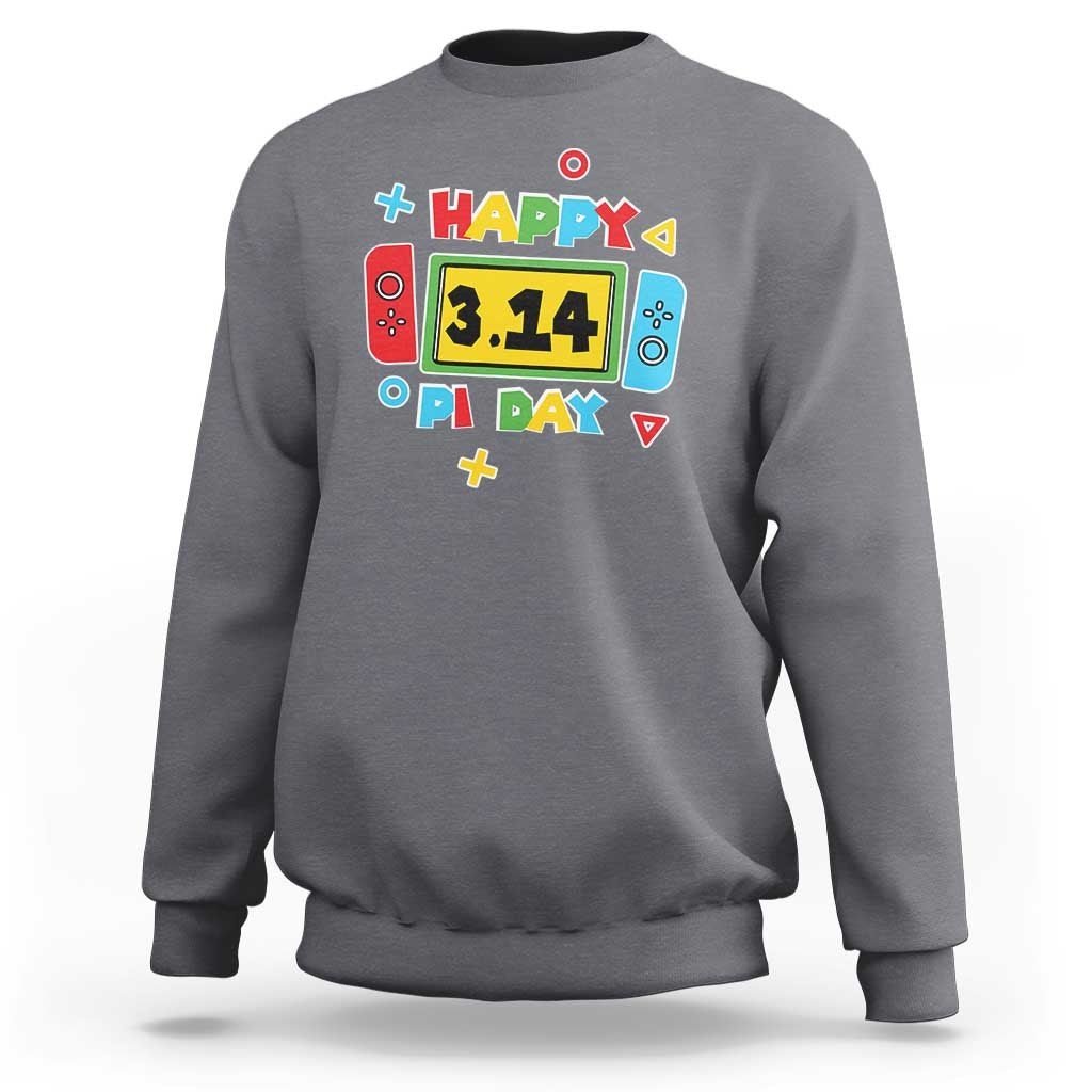 Charcoal Happy Pi Day sweatshirt with video game math graphic on front.
