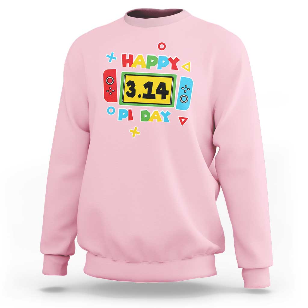 Light pink Happy Pi Day sweatshirt with video game math graphic on front.
