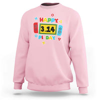 Light pink Happy Pi Day sweatshirt with video game math graphic on front.