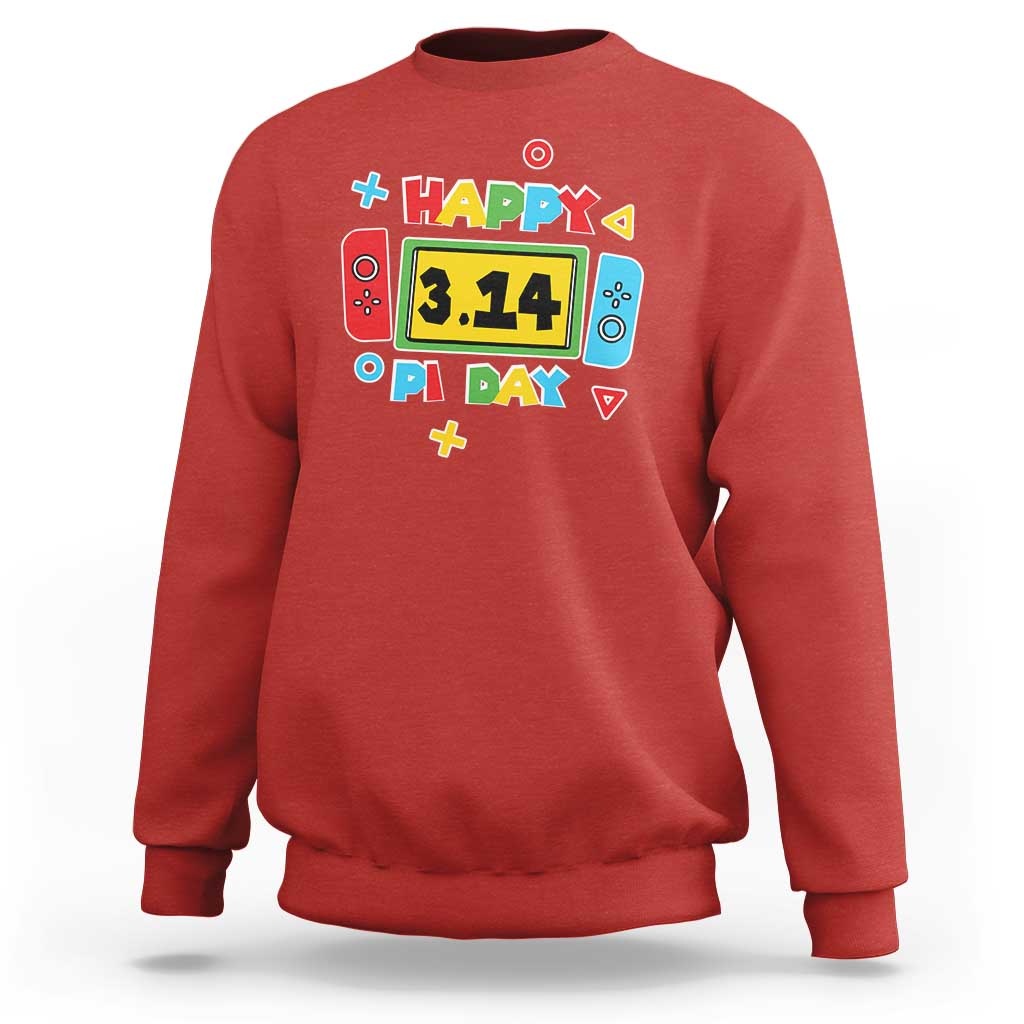 Red Happy Pi Day sweatshirt with video game math graphic on chest.