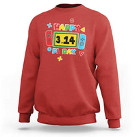 Red Happy Pi Day sweatshirt with video game math graphic on chest.