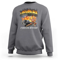 Charcoal gray graphic sweatshirt with flame car-and-warrior front print