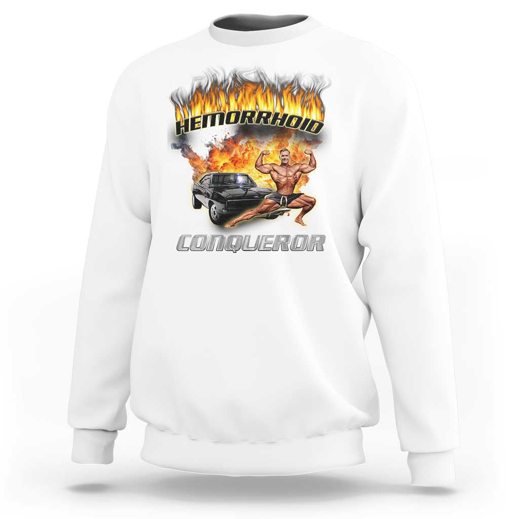 White graphic sweatshirt with flame car-and-warrior front print