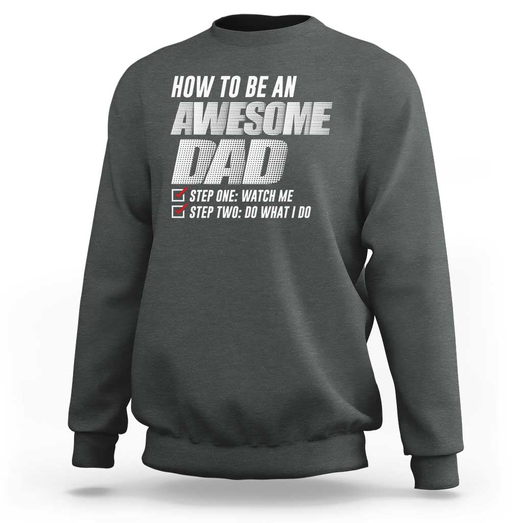 Men's heather gray crewneck sweatshirt with 'Awesome Dad' printed text