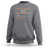 Gray crewneck sweatshirt with colorful Dad Tax graphic on front