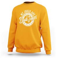 Gold/orange dad jokes sweatshirt with white “Dad-Jokes” logo print on chest