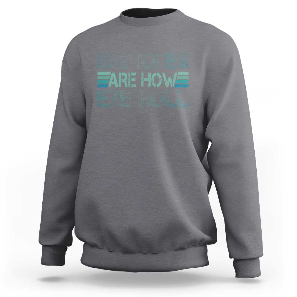 Medium gray crewneck sweatshirt with teal text graphic on chest
