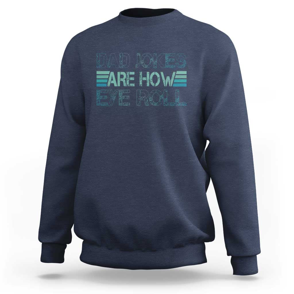 Navy crewneck sweatshirt with teal text graphic on chest