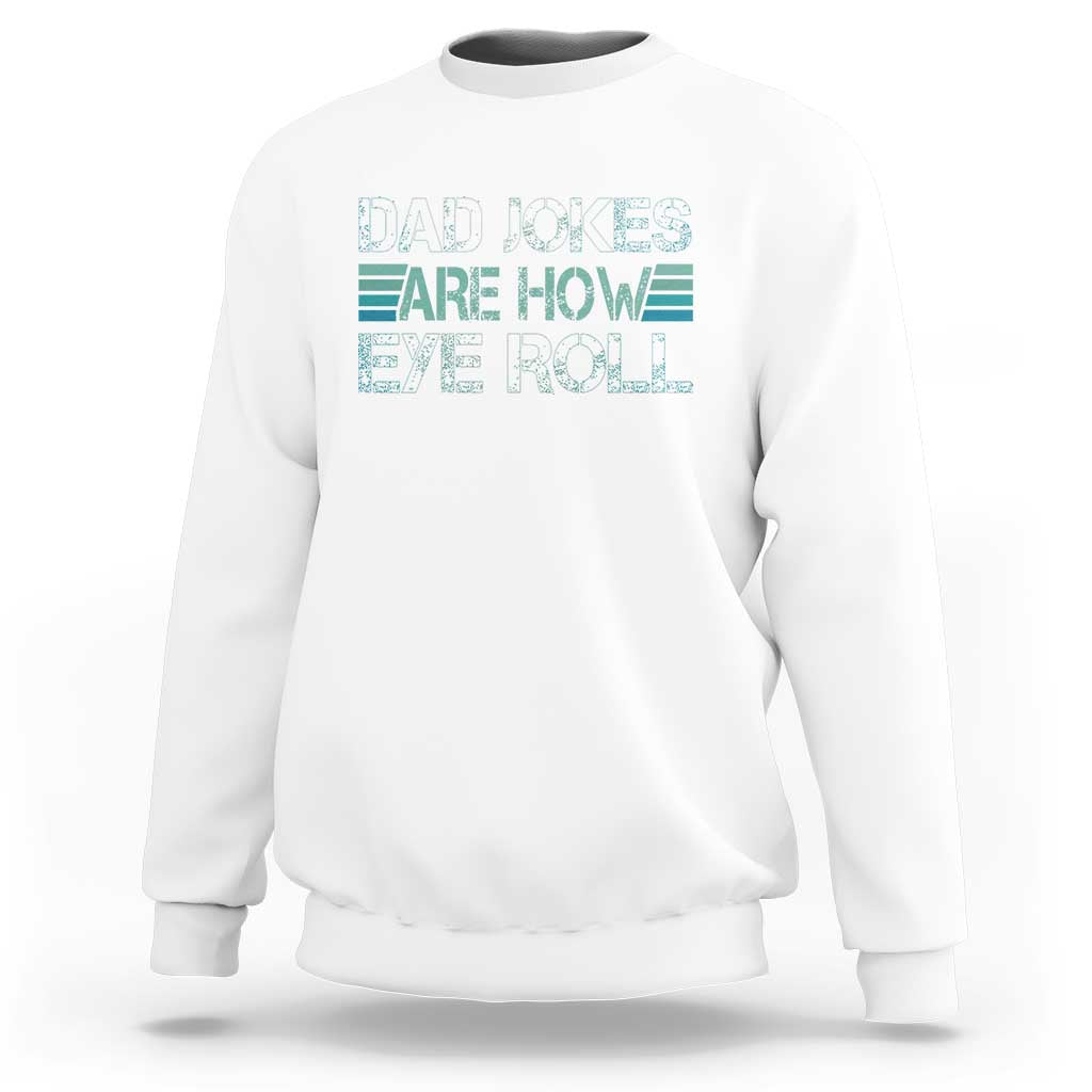 White crewneck sweatshirt with teal text graphic on chest