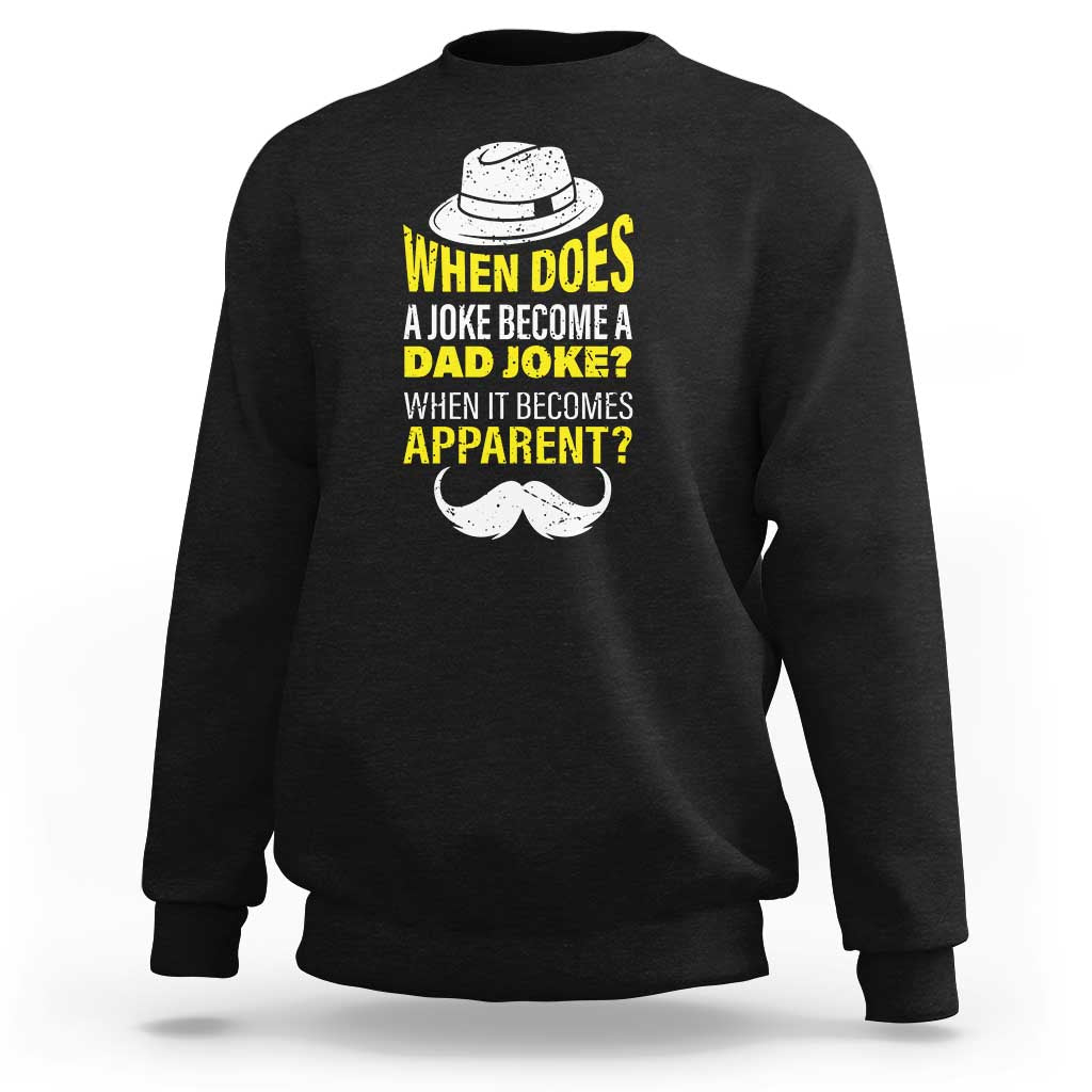 Men's dark charcoal crewneck sweatshirt with dad-joke quote graphic and mustache