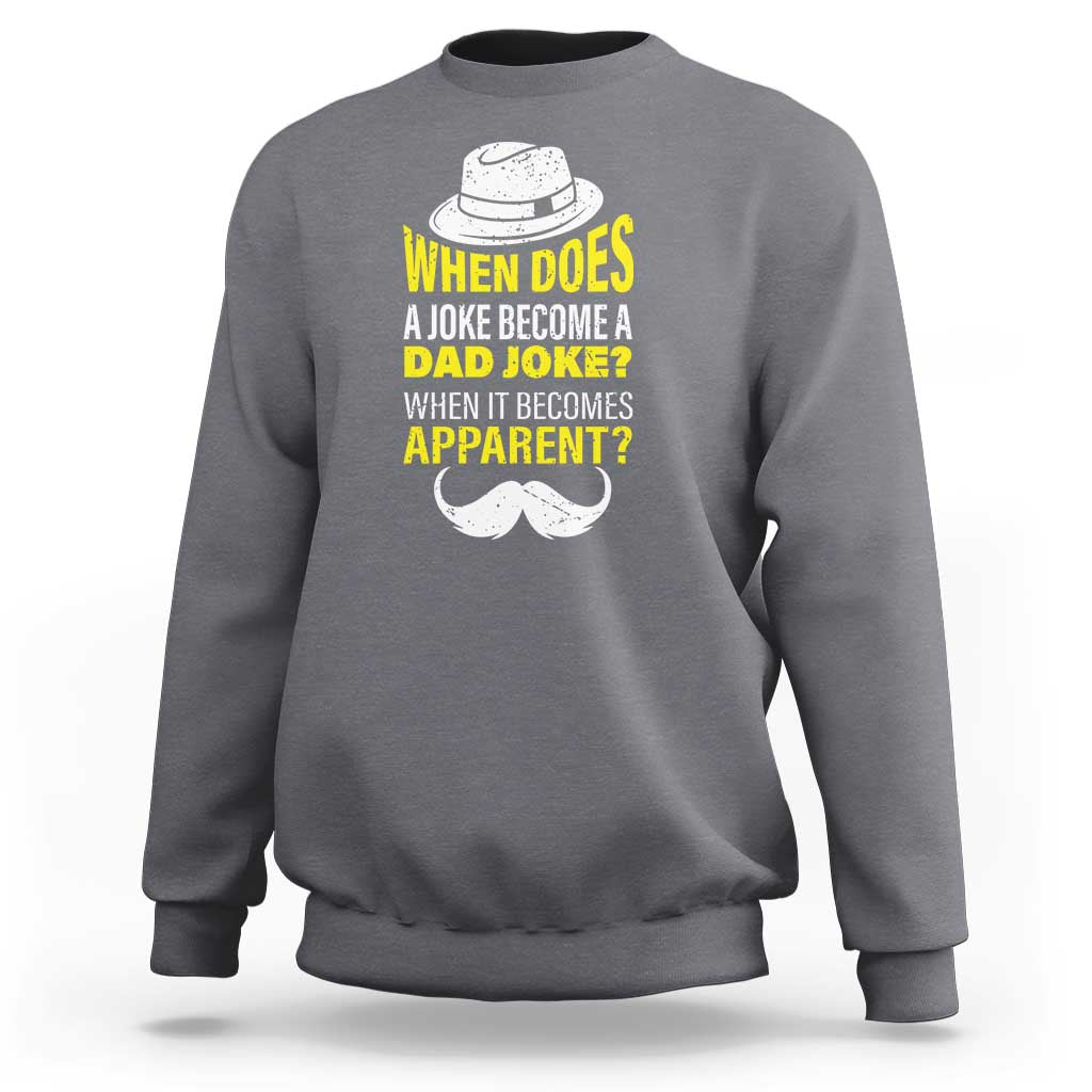 Men's heather gray crewneck sweatshirt with dad-joke quote graphic and mustache