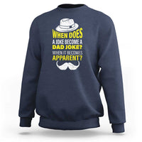 Men's blue crewneck sweatshirt with mustache-hat joke typography graphic