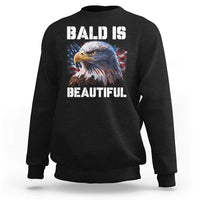 Black crewneck sweatshirt with 'BALD IS BEAUTIFUL' eagle graphic