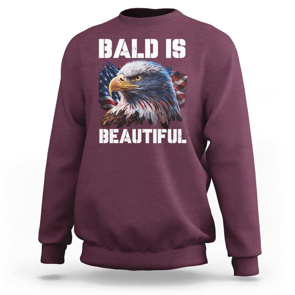 Maroon crewneck sweatshirt with 'BALD IS BEAUTIFUL' eagle graphic