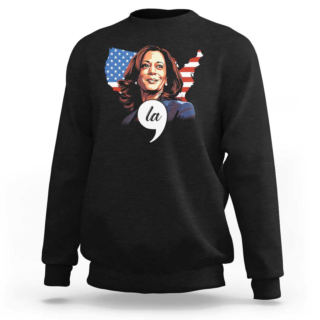 Black crewneck sweatshirt with illustrated woman and American flag graphic on front