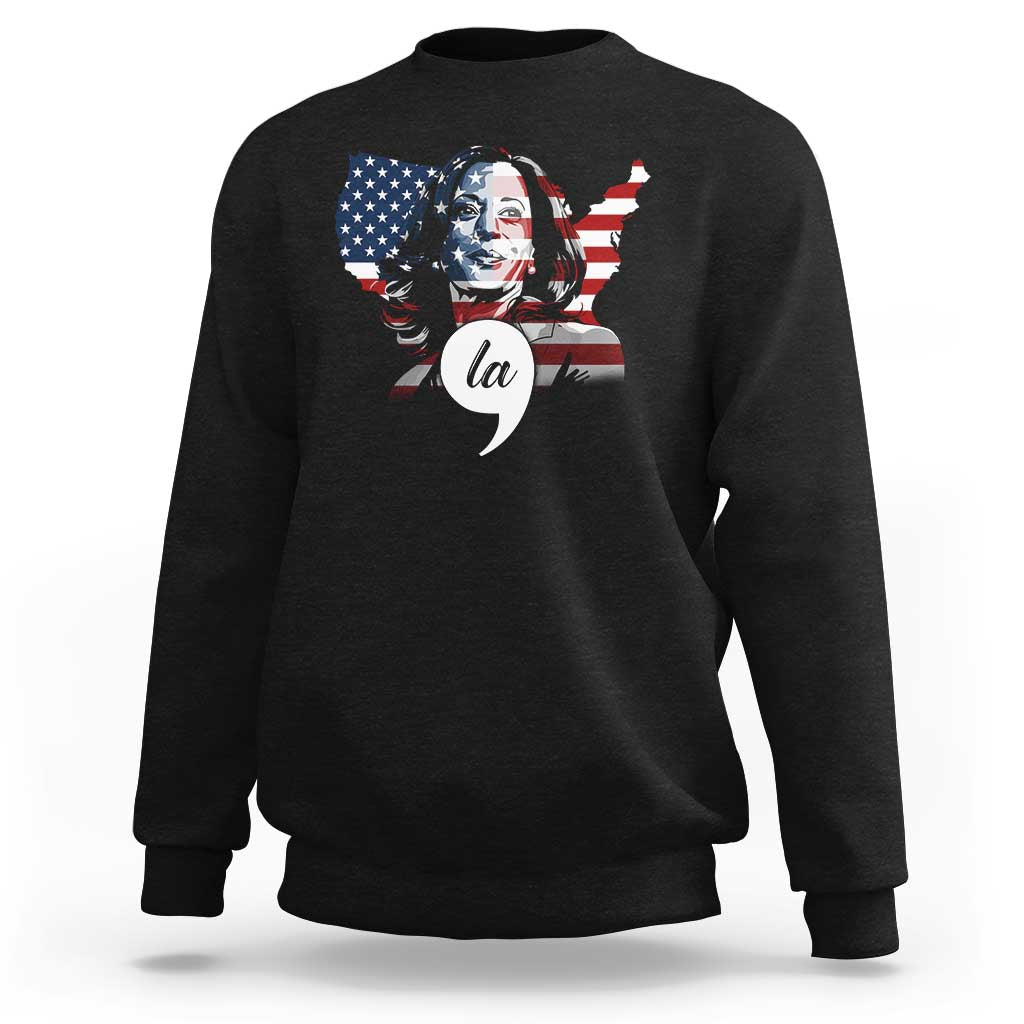 Black sweatshirt with front graphic of a presidential face over American flag stripes