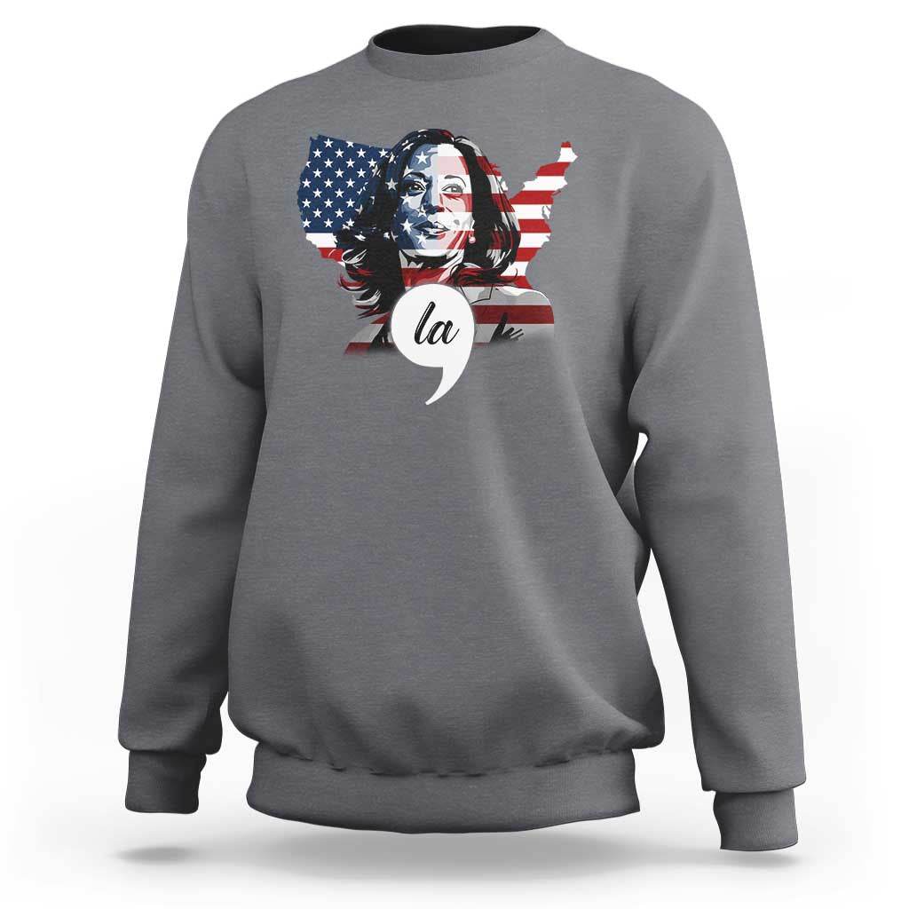 Light gray sweatshirt with front graphic of a presidential face over American flag stripes