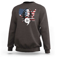 Charcoal sweatshirt with front graphic of a presidential face over American flag stripes