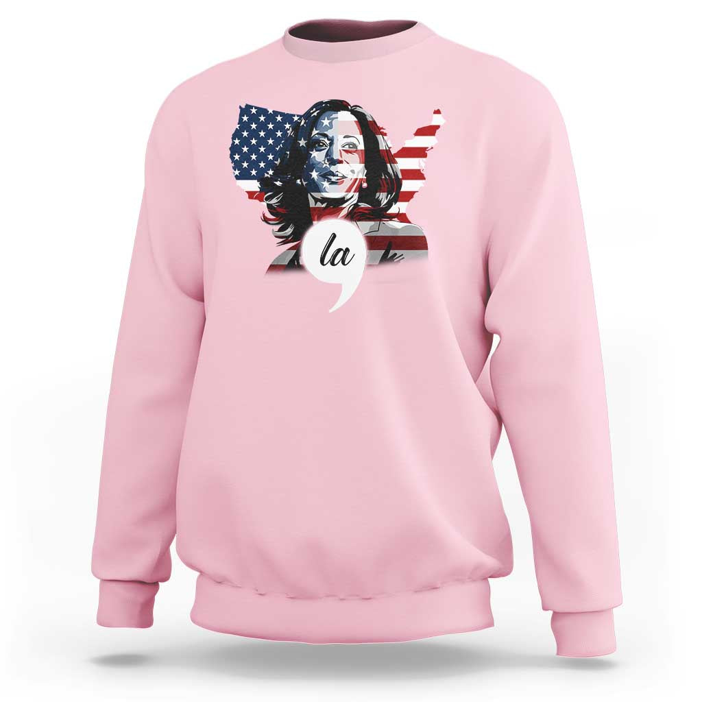 Light pink sweatshirt with front graphic of a presidential face over American flag stripes