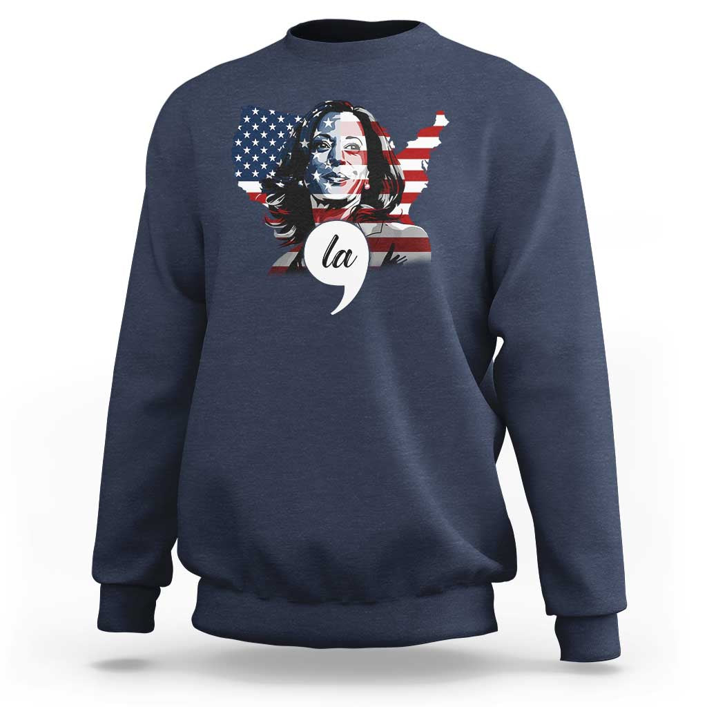 Navy sweatshirt with front graphic of a presidential face over American flag stripes