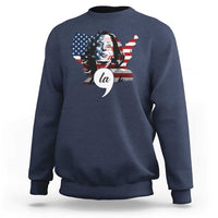 Navy sweatshirt with front graphic of a presidential face over American flag stripes