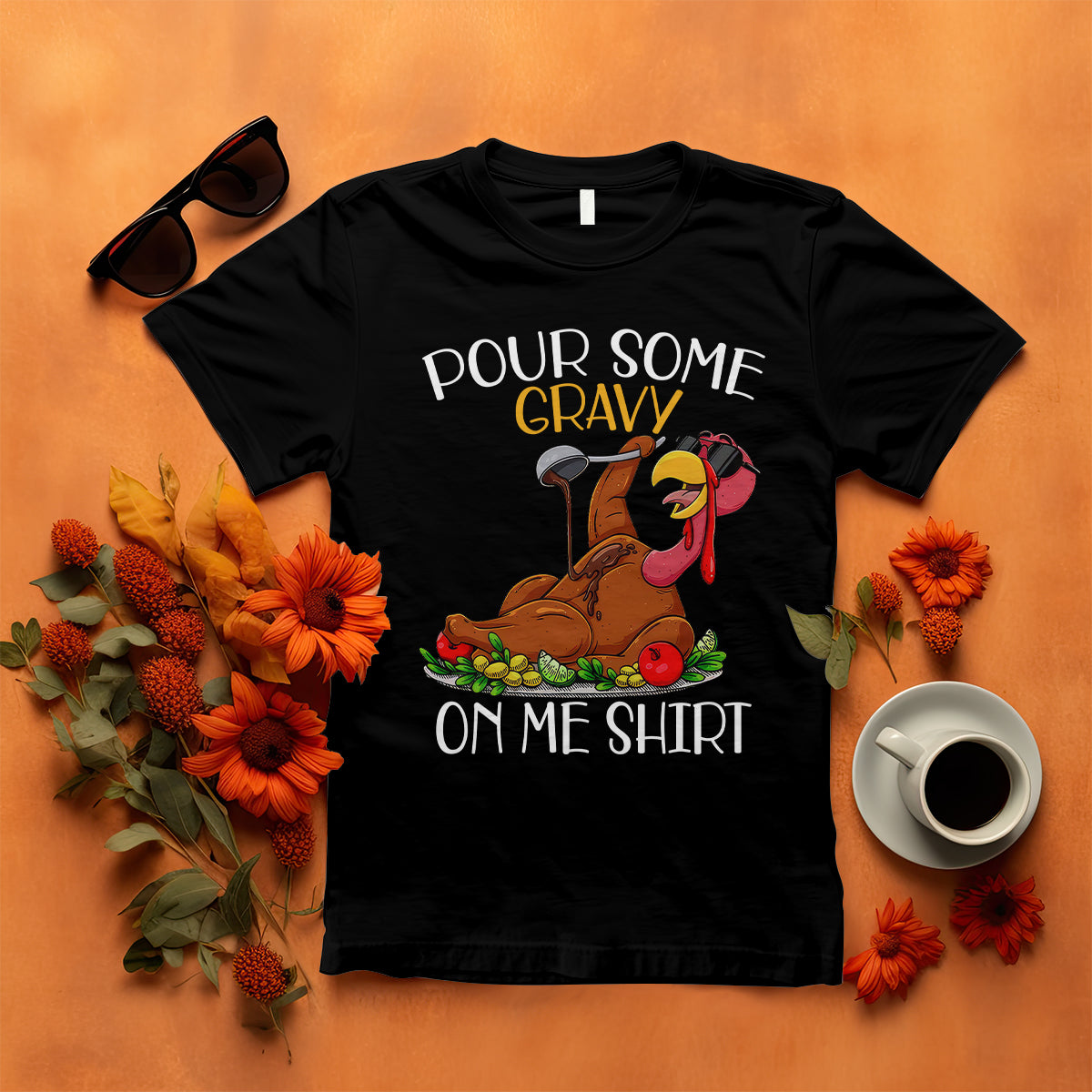 Black Thanksgiving T-shirt with 'POUR SOME GRAVY' turkey graphic
