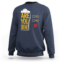 Navy crewneck sweatshirt with “Are You Drunk?” beer graphic and Yes/No check icons