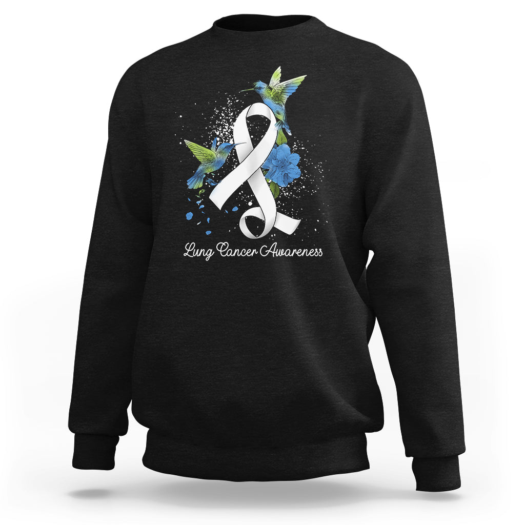 Black sweatshirt with white awareness ribbon and blue bird lung cancer awareness graphic