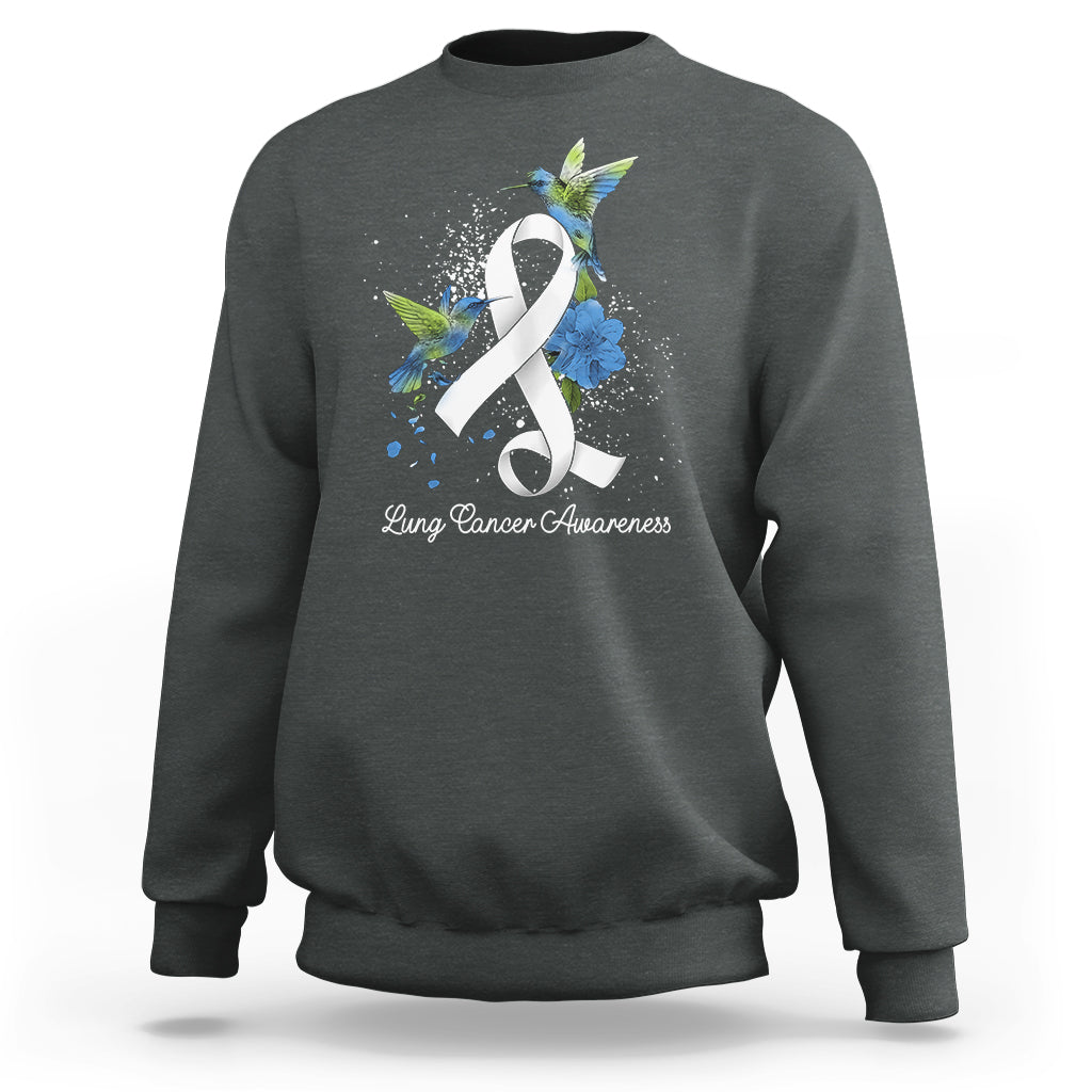 Dark heather gray sweatshirt with white ribbon and blue bird lung cancer awareness graphic
