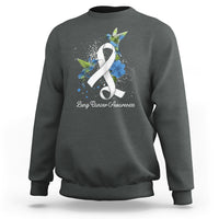 Dark heather gray sweatshirt with white ribbon and blue bird lung cancer awareness graphic