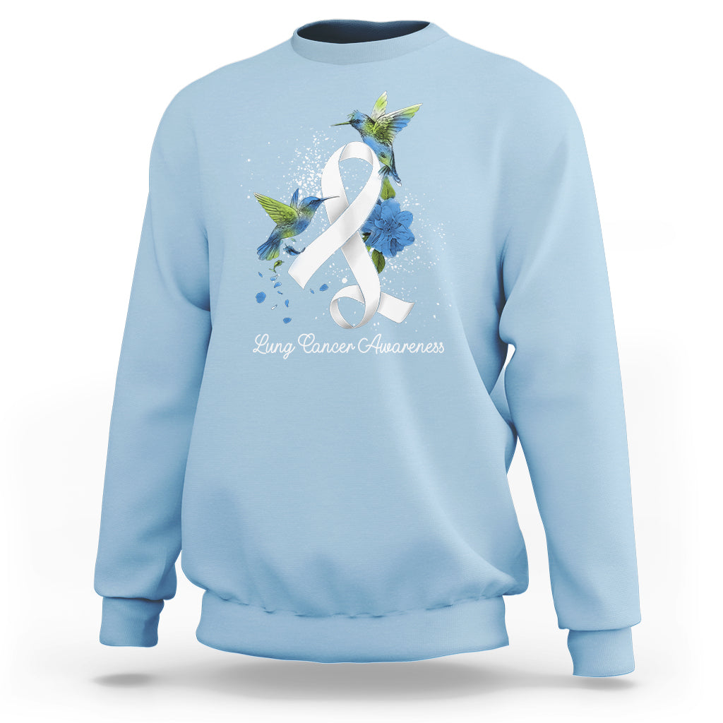 Light blue sweatshirt with white ribbon and blue bird lung cancer awareness graphic