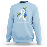Light blue sweatshirt with white ribbon and blue bird lung cancer awareness graphic