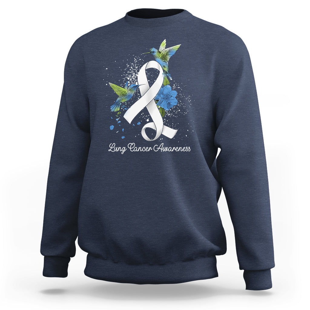 Navy sweatshirt with white ribbon and blue bird lung cancer awareness graphic