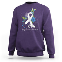 Purple sweatshirt with white ribbon and blue bird lung cancer awareness graphic