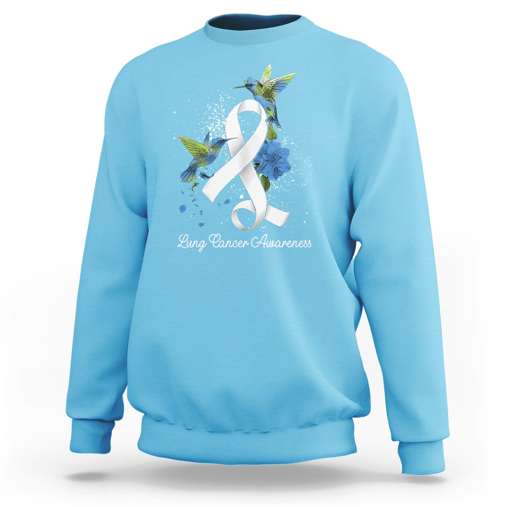 Sky blue sweatshirt with white ribbon and blue bird lung cancer awareness graphic