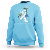 Sky blue sweatshirt with white ribbon and blue bird lung cancer awareness graphic