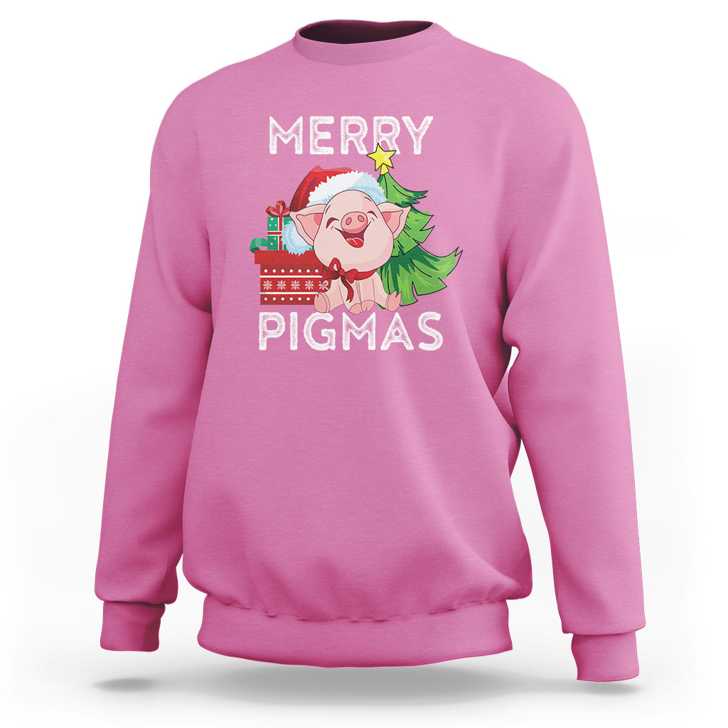 Pink Christmas sweatshirt with pig farmer graphic and Merry Pigmas text