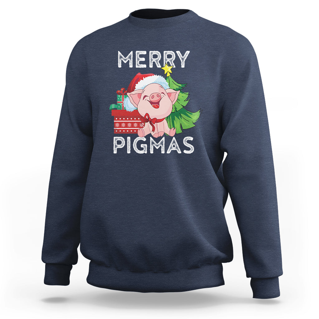 Navy Christmas sweatshirt with pig farmer graphic and Merry Pigmas text