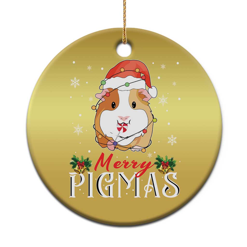 Gold round Christmas ornament featuring a guinea pig in a red Santa hat with “Merry Pigmas”